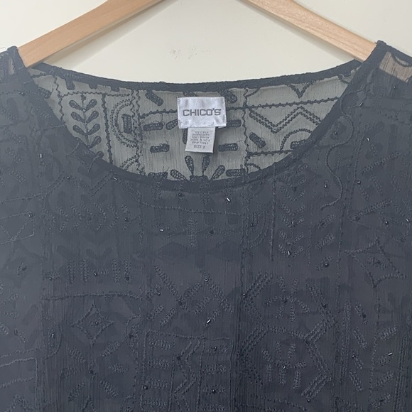 Chico’s | Black Silk Beaded Sheer Bell Sleeve Textured Embroidered Tunic Top 2 M - Picture 5 of 17